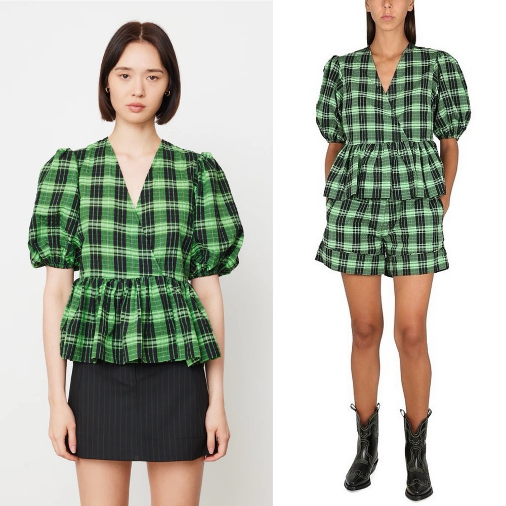 Ganni Green Plaid Puff-Sleeve Peplum Top